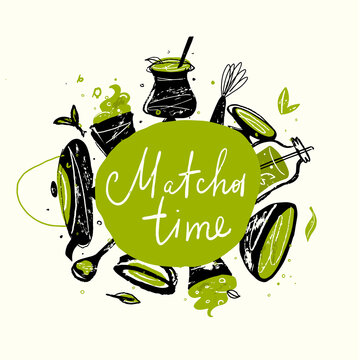 Matcha time. Vector doodle illustration of matcha tea products. Japanese tea ceremony.