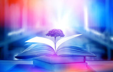 Imagine a picture book of an ancient book opened on a wooden table with a sparkling golden background. With magical power, magic, lightning around a glowing glowing book In the room of darkness