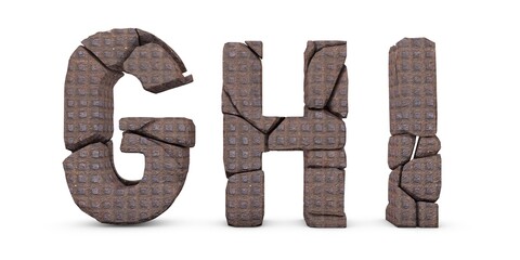 Cracked letters G H I. Letters isolated on white background. English alphabet 3D rendering. Dots surface. Stone broken into pieces. Letter G, Letter H, Letter I