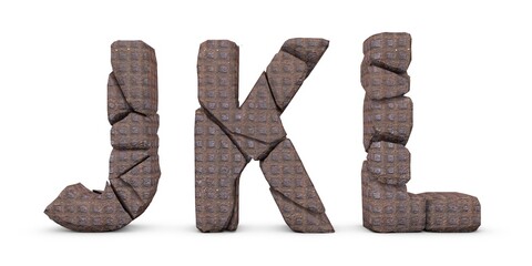 Cracked letters J K L. Letters isolated on white background. English alphabet 3D rendering. Dots surface. Stone broken into pieces. Letter J, Letter K, Letter L	
