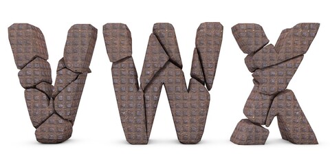 Cracked letters V W X. Letters isolated on white background. English alphabet 3D rendering. Dots surface. Stone broken into pieces. Letter V, Letter W, Letter X	