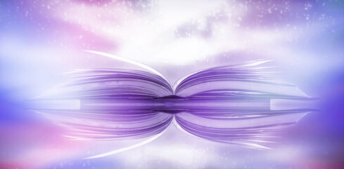 Imagine a picture book of an ancient book opened on a wooden table with a sparkling golden background. With magical power, magic, lightning around a glowing glowing book In the room of darkness