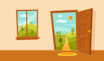 Window and door cartoon colorful vector illustration with valley summer sun landscape