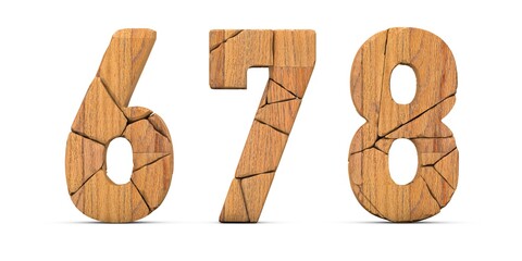3D rendering number 6 7 8 isolated on white background. Figures and symbols. Wooden surface cut into pieces. Textured materials. number six, number seven, number eight	
