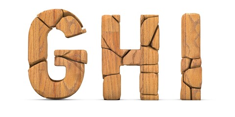 Wooden cracked letters G H I. Letters isolated on white background. English alphabet 3D rendering. Wood surface cut into pieces. Letter G, Letter H, Letter I