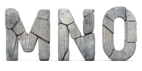 Wooden cracked letters M N O. Letters isolated on white background. English alphabet 3D rendering. Wood surface cut into pieces. Letter M, Letter N, Letter O