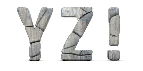 Wooden cracked letters Y Z !. Letters isolated on white background. English alphabet 3D rendering. Wood surface cut into pieces. Letter Y, Letter Z, Exclamation mark	

