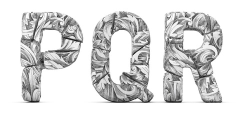 Cracked letters P Q R. Letters isolated on white background. English alphabet 3D rendering. Flower ornament texture. Letter P, Letter Q, Letter R	
