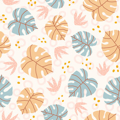 Pastel monstera leaves and plants seamless pattern