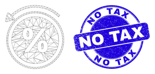 Web mesh percent back pictogram and No Tax stamp. Blue vector round textured stamp with No Tax text. Abstract frame mesh polygonal model created from percent back pictogram.