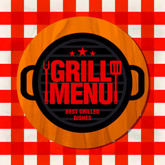 Grill menu. Best grilled dishes. Grill on a wooden stand on a red tablecloth. Vector illustration