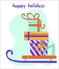 New Year Postcard gifts on sleigh and lettering of happy holidays
