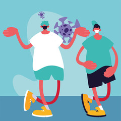 Urban men cartoons with masks and Covid 19 virus vector design