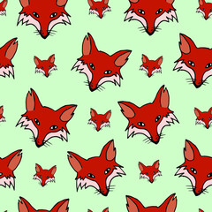 Cartoon Animal Fox Head Seamless Vector Illustration Doodle Pattern Blue Background Seamless Pattern Print 