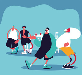 Fototapeta premium Men cartoons with masks and restaurant table with drinks vector design