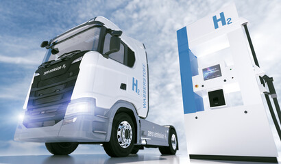 hydrogen logo on gas stations fuel dispenser. h2 combustion Truck engine for emission free...