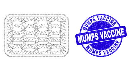 Web mesh pills blister icon and Mumps Vaccine seal stamp. Blue vector round distress seal stamp with Mumps Vaccine phrase. Abstract carcass mesh polygonal model created from pills blister icon.