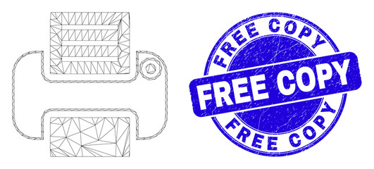 Web carcass printer pictogram and Free Copy seal stamp. Blue vector rounded textured seal stamp with Free Copy caption. Abstract carcass mesh polygonal model created from printer icon.