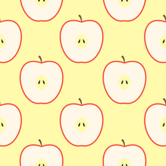 Apple seamless pattern and slice with seed on color background. Red apples fruits vector illustration.