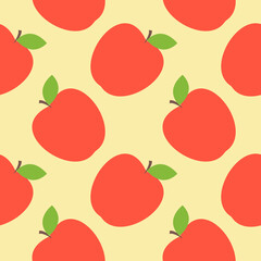 Flat design red apples seamless pattern background. Ripe, red apples with a leaf, geometric seamless pattern on a white background, vector.
