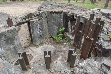Ruin of a pillbox № 486 of The Kiev Fortified Region in the Pushcha-Vodytsia forest near village Horenka in Ukraine. Pillbox was destroyed during the Second World War War in 1941