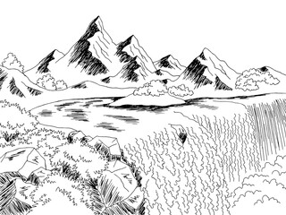 Fototapeta premium Waterfall mountain river graphic black white landscape sketch illustration vector