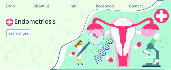 Obraz premium Tiny doctors examine uterus with magnifier to treat endometriosis. Endometriosis, endometrium dysfunctionality, endometriosis treatment concept.Blue background vector for website and mobile website
