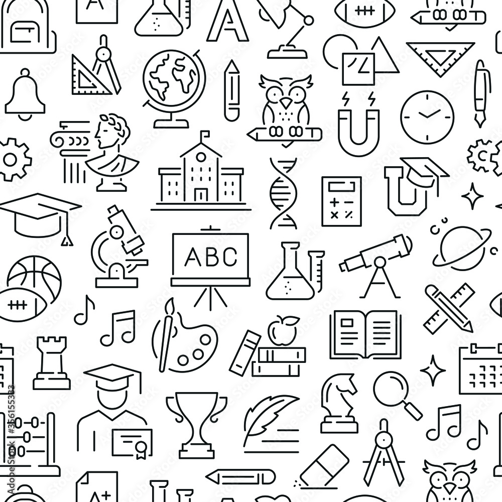 Wall mural seamless pattern with school subjects and education. black and white thin line icons