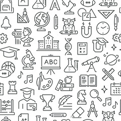 Seamless pattern with school subjects and education. Black and white thin line icons