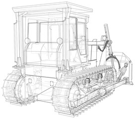 Building bulldozer Isolated. 3D rendering. Wire-frame. The layers of visible and invisible lines are separated. EPS10 format.