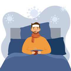 Man suffering from flu in bed with scarf under blanket. He has fever and take thermometer in mouth. Corona virus influenza disease concept vector illustration.
