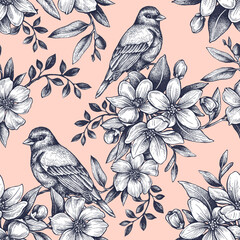 Graphic seamless pattern with birds and flowering branches. Hand drawing with ink and pen.