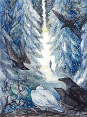 Watercolor landscape winter mystery crow sitting on a tree.