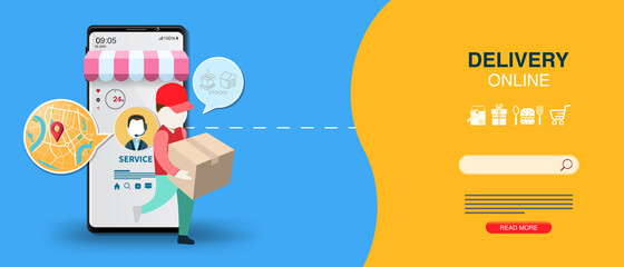 Courier man and smartphone vector illustration for Online delivery service on mobile with order tracking