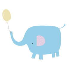 Cute big elephant with balloons. Cartoon elephant baby. Greeting card design. Children illustrations style. Happy Birthday card. Good for other events. Gift card. 