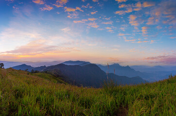 Mountain valley during sunrise. Natural summer landscape