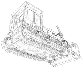 Building bulldozer Isolated. 3D rendering. Wire-frame. The layers of visible and invisible lines are separated. EPS10 format. © mirexon