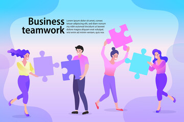 Group of happy business people holding giant colorful puzzle pieces. Men and women connecting jigsaw elements together. Corporate teamwork and collaboration concept banner with copy space.