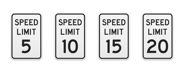 Speed limit traffic signs from 5 to 20 miles per hour. Set of vector graphic elements for production, design, information materials. Classic urban design. - obrazy, fototapety, plakaty