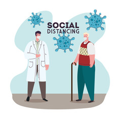 social distancing, keep distance in public protect from covid 19, doctor with old man patient vector illustration design