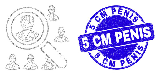 Web mesh search users pictogram and 5 Cm Penis seal stamp. Blue vector round distress seal with 5 Cm Penis message. Abstract frame mesh polygonal model created from search users pictogram.