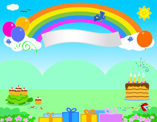 Naklejka premium Cartoon happy birthday with rainbow, gifts, cake and animals, background vector