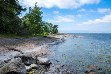 View of the rocky shore of Gasgrund island and Gulf of Finland, Suvisaaristo area, Espoo, Finland