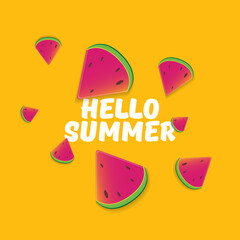 Vector Hello Summer Beach Party Flyer Design template with fresh watermelon slice isolated on orange background. Hello summer concept label or poster with fruit and typographic text