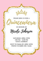 Quinceañera Birthday Party for Girl 15 years vector printable invitation card with golden glitter elements