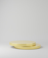 Gold podiums on grey background. Abstract minimal scene with geometrical. Modern pedestal show cosmetic products presentation. Mock up design empty space. studio platform template. 3d render