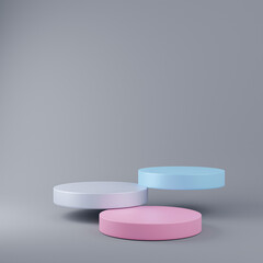 Step cylinder podiums on grey background. Abstract minimal scene with geometrical. Modern pedestal show cosmetic products presentation. Mock up design empty space. studio platform template. 3d render