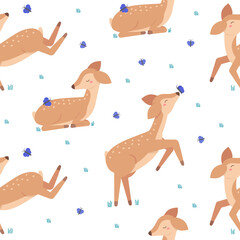 Seamless kids pattern of little baby deer playing with butterflies