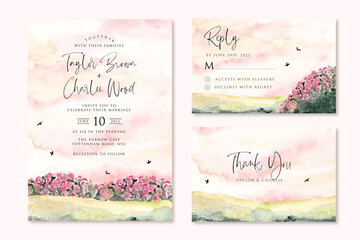 wedding invitation set with dreamy pink garden watercolor landscape