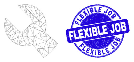 Obraz premium Web carcass setup tools pictogram and Flexible Job seal. Blue vector round grunge seal with Flexible Job phrase. Abstract carcass mesh polygonal model created from setup tools icon.